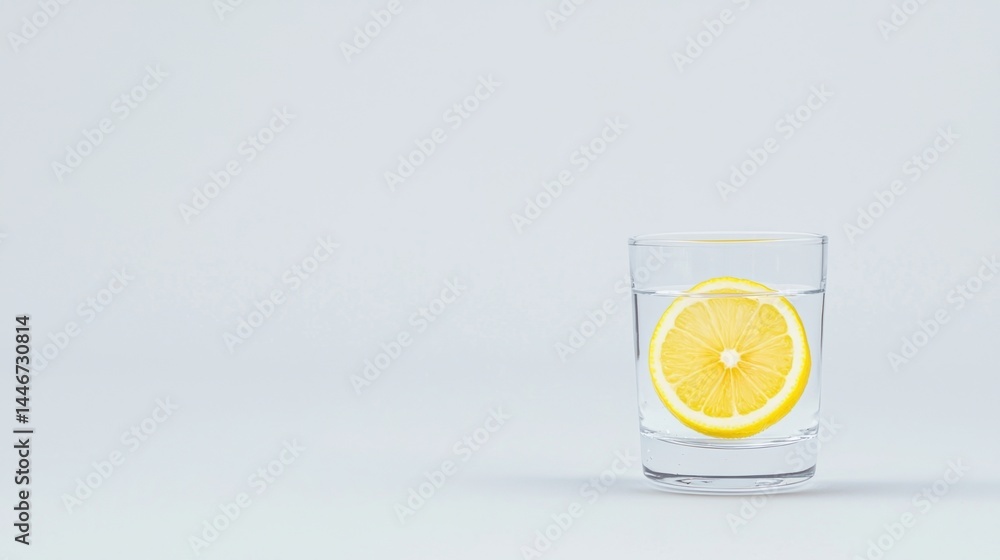 Poster a clear glass of water with a lemon slice sits on a plain light background, creating a minimalist an