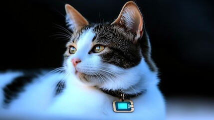 A close-up of a cat wearing a collar with a unique tag shaped like a battery icon, set against a dark blurred background.