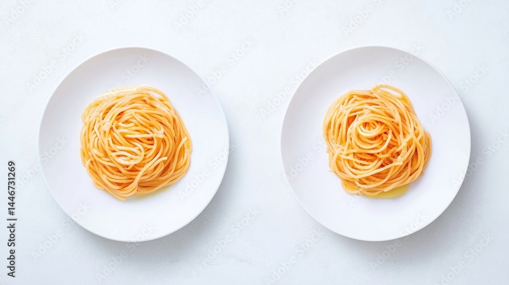 Poster two white plates with neatly twirled portions of plain spaghetti placed side by side on a light back
