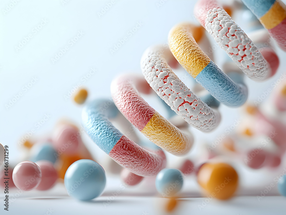 Poster abstract artwork with colorful spirals and spheres creating a sense of depth. suggests scientific or