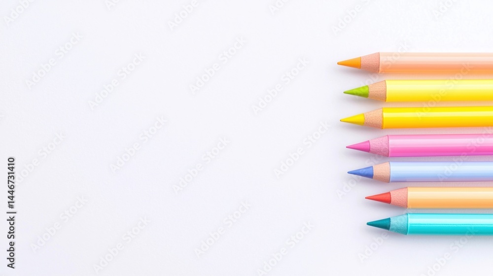 Aufkleber six colorful pencils arranged in a row on a white background with space for text.