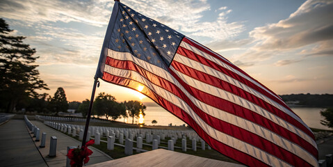 Naklejka premium Independence day remembrance ceremony at scenic cemetery honoring heroes peaceful atmosphere sunset view