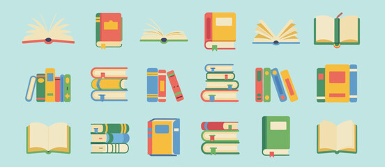 Colorful Flat Lay Illustration of Open and Stacked Books