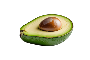half avocado isolated on white or transparent png,Fresh Halved Avocado with Smooth Green Flesh and Brown Pit Isolated on White Background for Healthy Eating and Recipe Illustrations, High-Quality Imag
