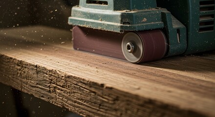 Close-up Shot of Belt Sander Working on Rough Wooden Surface Dust and Wood Shavings
