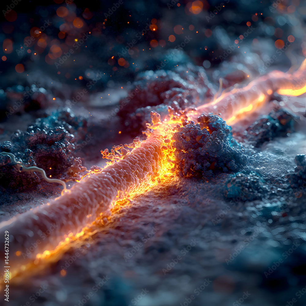 Poster abstract image depicts a fiery energy flow through a textured landscape. could be used for science o