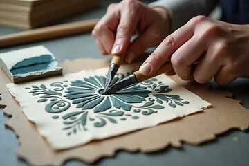 Obraz premium Linocut artist at work: Close-up view of an artist's hands meticulously carving a intricate floral linocut design. The tools and partially printed block add to the scene's artistic authenticity.