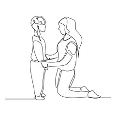 Continuous single line of young mother giving some wise advice talk to his child. Happy family parenting concept. Trendy sketch drawing editable stroke vector illustration	