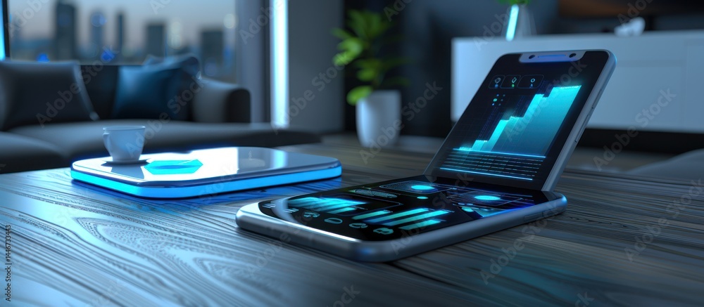 Poster futuristic foldable phone displaying financial data on a modern table.