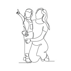 Continuous single line of young mother giving some wise advice talk to his child. Happy family parenting concept. Trendy sketch drawing editable stroke vector illustration	