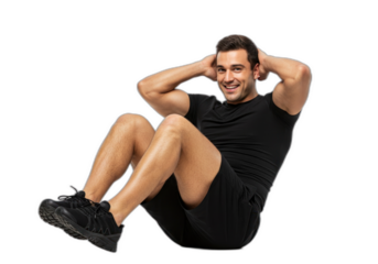 Athletic Caucasian man in black sportswear performing abdominal sit-up exercise with a smile, isolated on white background. Represents health, fitness, and core strength training.