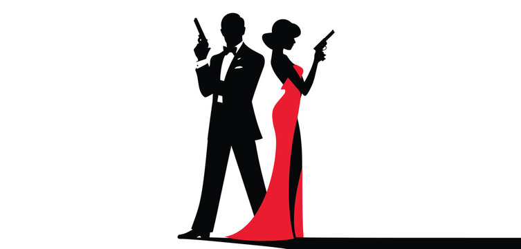 Elegant Couple in Silhouettes Holding Guns Dressed in Formal Wear