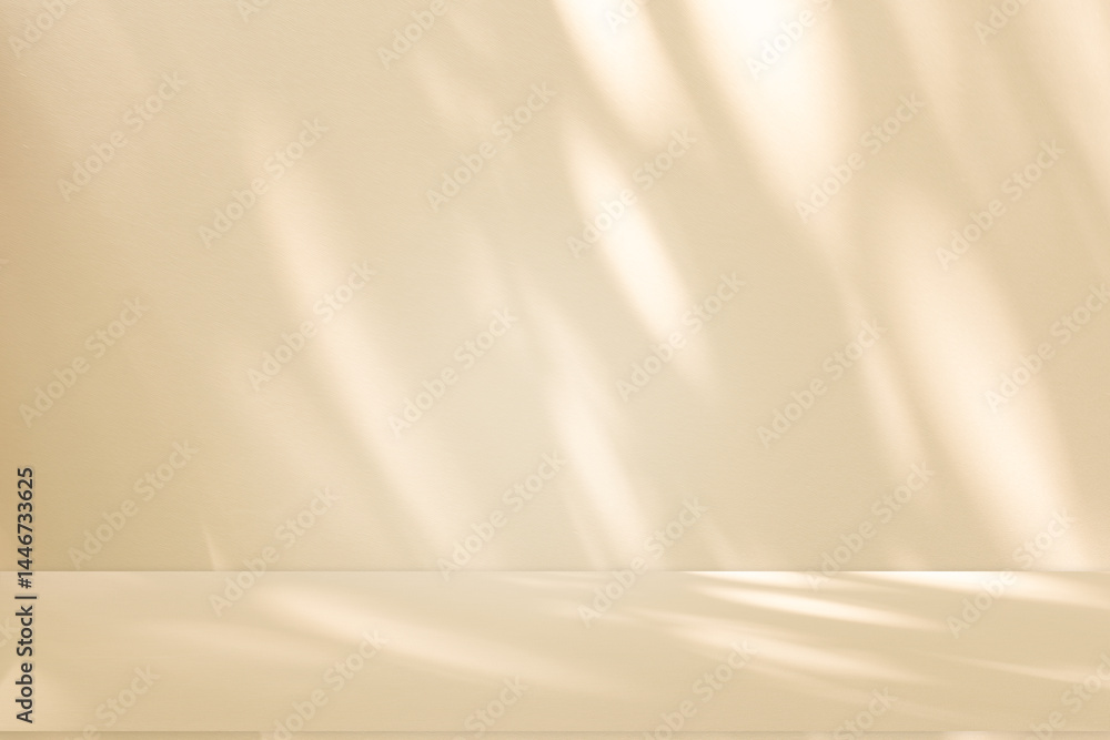 Poster wall interior background, studio and backdrops show products. with leaf shadow from window color bei