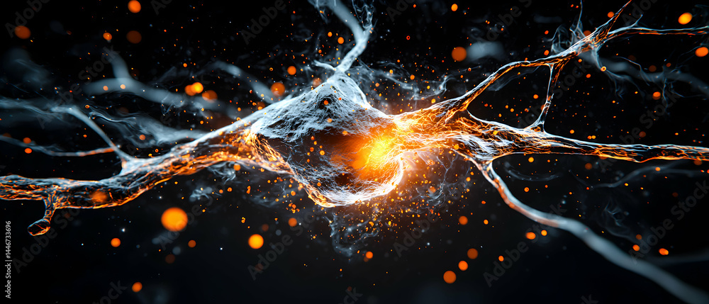 Poster a vibrant illustration of a neuron firing depicting interconnected networks and energy flow. it is s