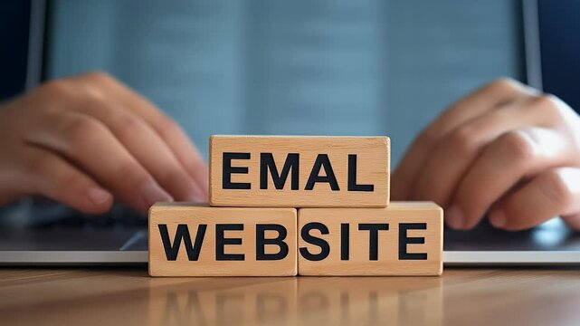 Essential Communication Methods Represented by Email Symbol, Telephone Icon, and Website Address on Wooden Blocks for Business and Customer Engagement