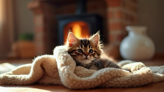 Comfortable Domestic Feline Wrapped in a Soft Covering Resting Near a Hearth in a Residential Room