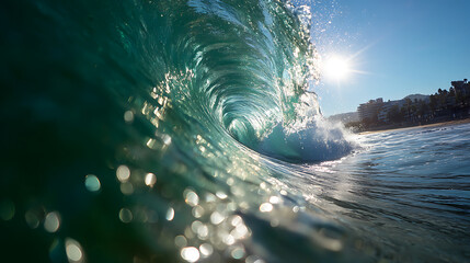Translucent ocean wave curls overhead with sunlight sparkling on water surface near beach with buildings and palm trees under clear blue sky, creating vibrant coastal scene