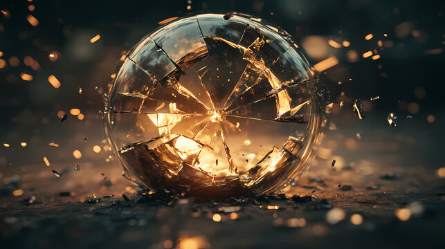 A fascinating moment of shattering glass frozen in time with intricate glowing reflections. [Frozen Time] | Wasted Seconds | lost time. Illustration
