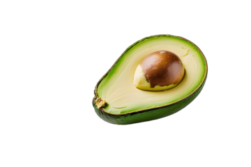 half avocado isolated on white or transparent png,Fresh Halved Avocado with Smooth Green Flesh and Brown Pit Isolated on White Background for Healthy Eating and Recipe Illustrations, High-Quality Imag