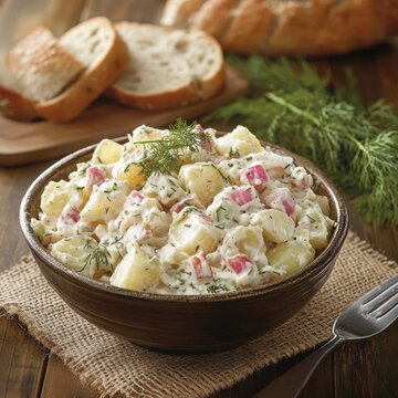 Potato salad with bread slices on a white background