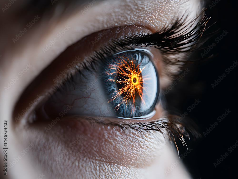 Poster a close-up eye reveals a neural network sparking a sense of heightened perception or technological a