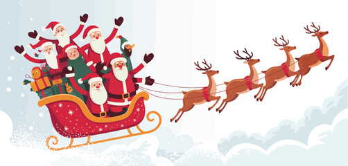 Merry Christmas Santas Reindeer Flying Through Snowy Sky