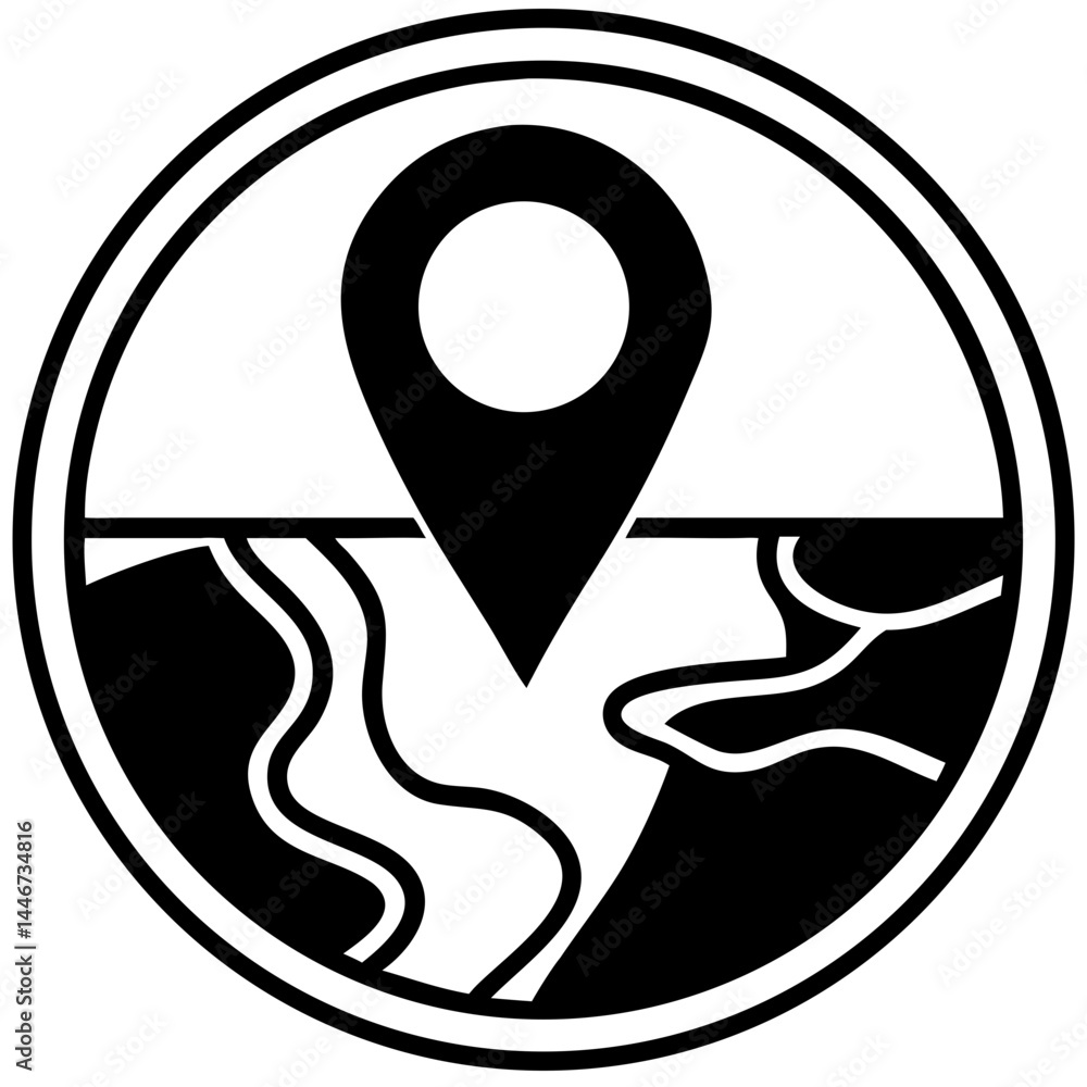 Poster Map Icon with Location Pin and Water Elements on Simplistic Background  