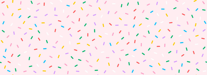 Colorful donut sprinkles seamless pattern. Pink candy cream background. Cake glaze icing overlay for decorative banner, poster, template. Cupcake or ice cream topping texture. Vector wallpaper