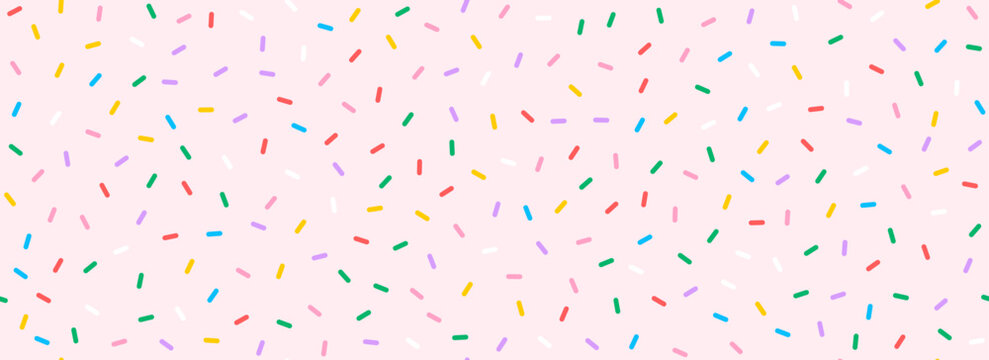 Colorful donut sprinkles seamless pattern. Pink candy cream background. Cake glaze icing overlay for decorative banner, poster, template. Cupcake or ice cream topping texture. Vector wallpaper