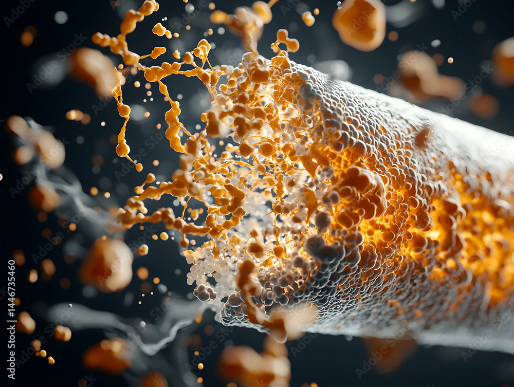 Poster abstract image showing microscopic structures resembling cellular material or fluid dynamics. potent