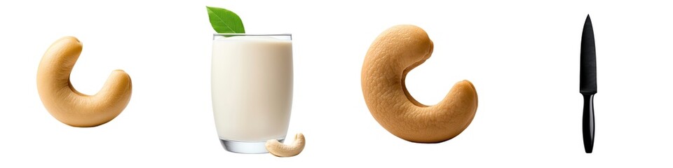 Cashew nuts and milk with a knife for preparation. isolated against a transparent background.