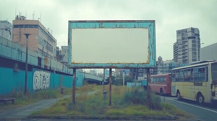 Obraz premium Blank billboard in urban city, overgrown area, buses, cloudy day, advertisement