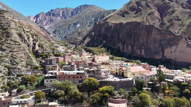 Aerial video of Iruya, a small town in the middle of the mountains. Salta, North of Argentina.