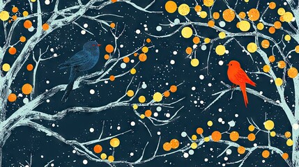 Winter scene featuring birds and decorative branches.