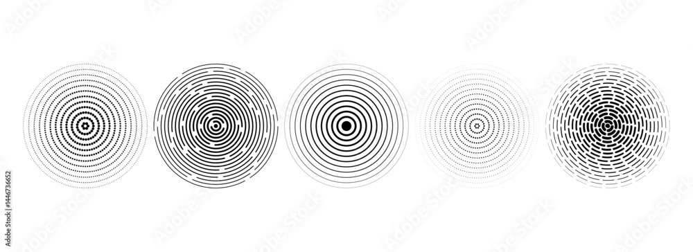 Poster Black linear concentric circle set. Dotted and dashed round sound wave collection. Epicenter, target, radar, sonar icon concept. Halftone radial radio signal or vibration element pack. Vector
