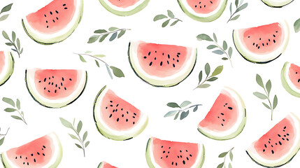 Watermelon slice pattern with green leaves, simple watercolor style, fresh summer fruit design, minimalistic and cute illustration with soft colors and natural elements