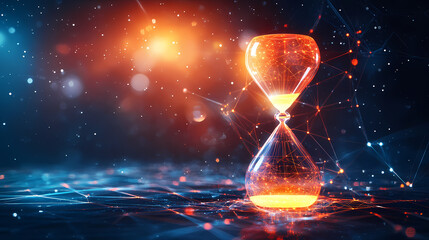 A glowing hourglass with light particles flowing upward, symbolizing reversed time. [Frozen Time] | Clock Halo | time glow. Illustration