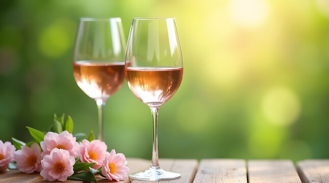 Two elegant wine glasses filled with rose wine, with pink flowers on a wooden table and a blurred green background. Ideal for lifestyle, celebration, or romantic themes.