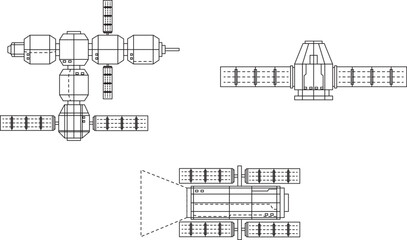 Space station, satellite and telescope line drawing set