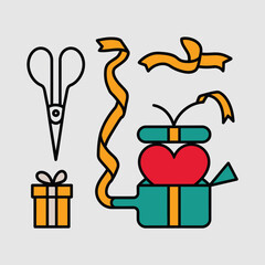 Heart Shaped Gift Box with Ribbon and Scissors Illustration