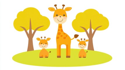 Naklejka premium Charming Giraffe Family Graphic Illustration Set with Cute Baby Giraffes and Trees on Green Grass, perfect for baby shower invites and nursery decor
