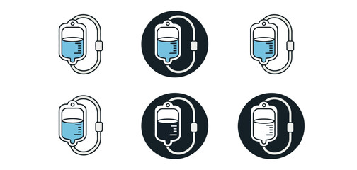 Medical IV Bag Icons Set Line Art and Circle Variations