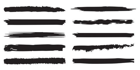 Brush line set. Vector calligraphy paint strokes. Vintage Chinese brushstrokes collection. Straight long hand drawn stripes vector sketch. Abstract  ink grungy lines, borders, emphasis underlines.