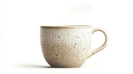 Steaming beige speckled ceramic mug.