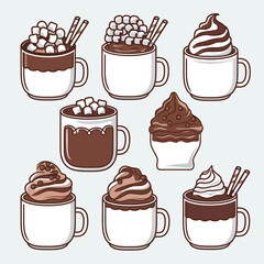 Assorted Delicious Hot Chocolate Drinks with Whipped Cream and Marshmallows