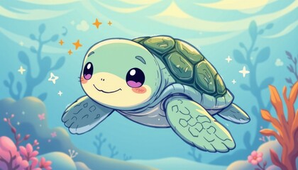 Obraz premium A gentle sea turtle with a soft, content smile and sparkles.
