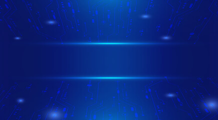 Futuristic abstract circuit structure with geometric nodes, lines, and halftone circles on blue background. Concept of digital technology, innovation, networking, and computer connectivity in business
