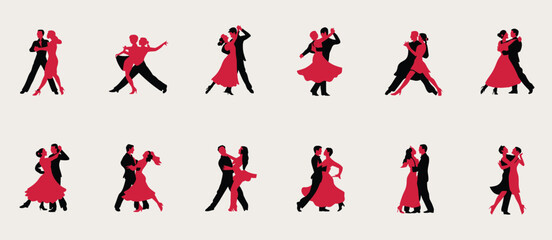 Ten Couples Ballroom Dancing Silhouettes Red and Black