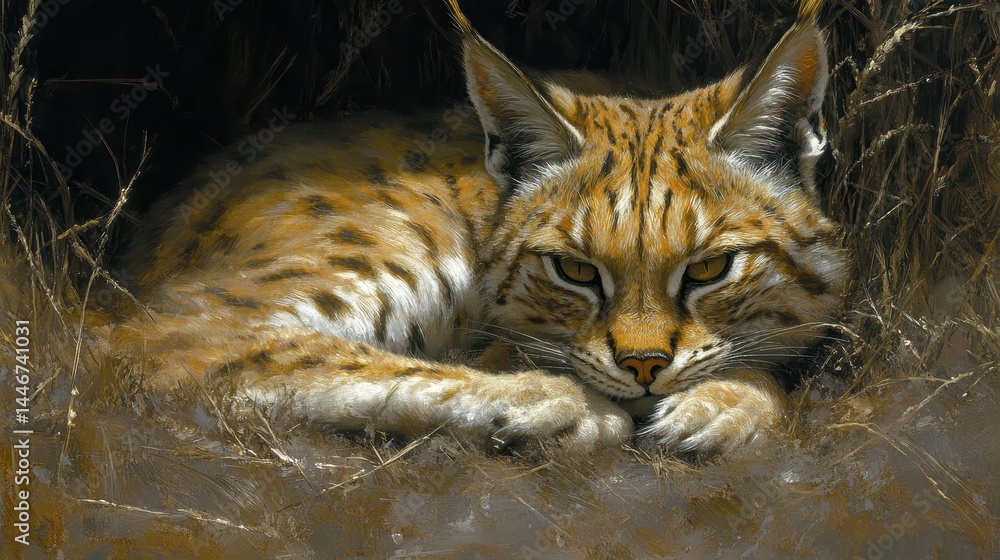 Poster portrait of a resting bobcat showcasing its distinctive coat patterns and intense gaze conveying a s
