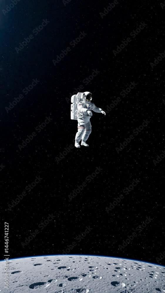 Poster astronaut floating in space above the moon, captured from a low-angle perspective. the video style i